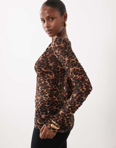 ASOS DESIGN top cardigan à col V en résille froncé à imprimé léopard - view 1