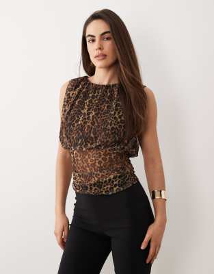 Top cintré à la taille en tulle imprimé léopard-Multicolore L