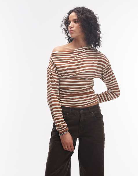 ASOS DESIGN - Top cintré asymétrique à rayures à manches longues - Marron et crème - view 1