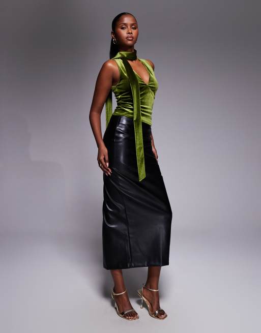 ASOS DESIGN - Top col en V en velours à détail foulard - Olive, 2 de 4