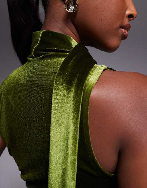 ASOS DESIGN - Top col en V en velours à détail foulard - Olive, 3 de 4