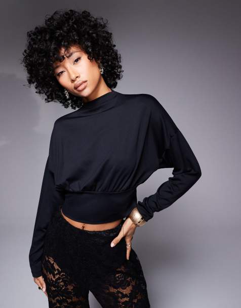 ASOS DESIGN - Top col montant à manches chauve-souris et détail à la taille - Noir - view 1