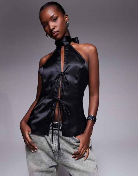 ASOS DESIGN - Top col montant en satin noué sur le devant - Noir - view 1