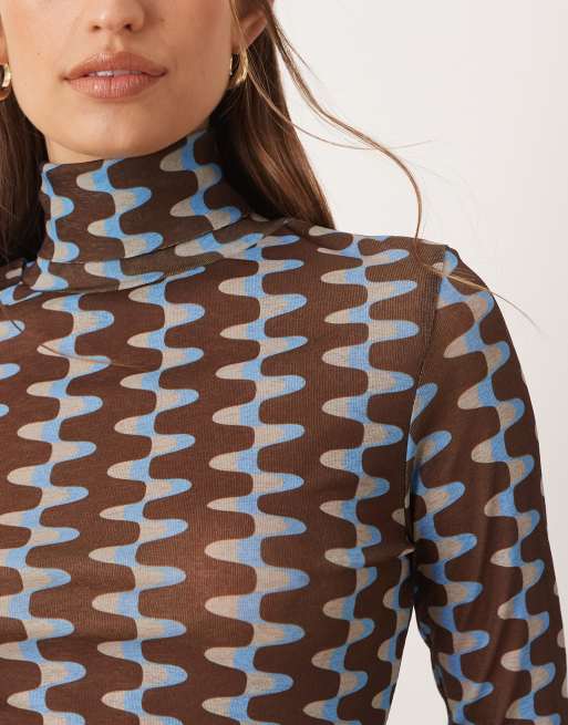 ASOS DESIGN - Top col roulé en tulle de gaze transparent à imprimé géométrique - Marron, 2 de 4