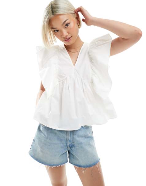ASOS DESIGN - Top col V avec ourlet à basque et manches à volants - Blanc - view 1