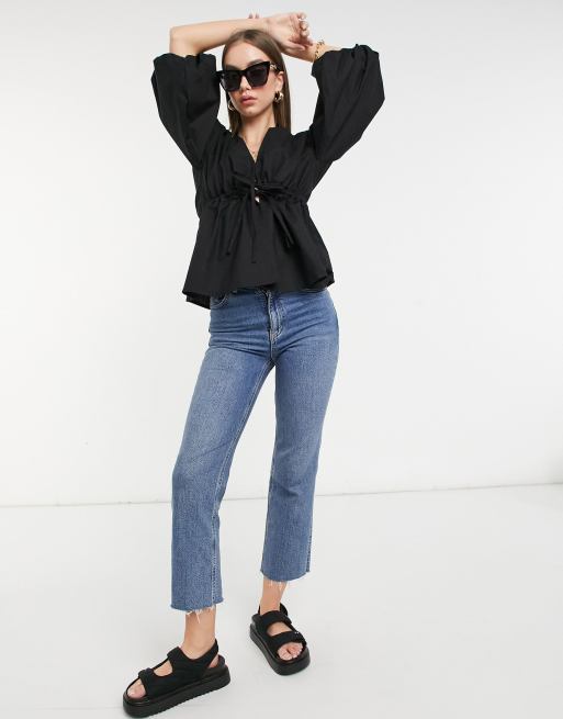 ASOS DESIGN - Top col V en coton noué à la taille - Noir, 4 de 4