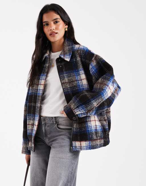 ASOS DESIGN top collar bomber jacket in blue check