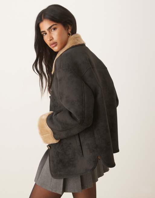 ASOS DESIGN top collar teddy car coat in black