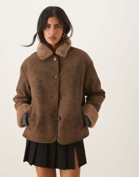 ASOS DESIGN top collar borg car coat in mocha - view 1