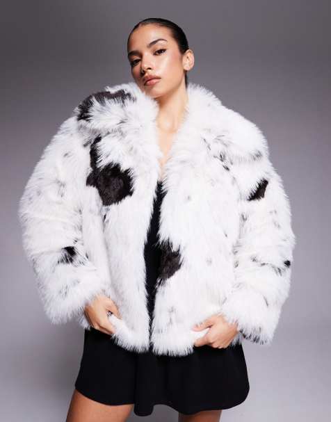 ASOS DESIGN top collar faux fur coat in cream and black cow print - view 1