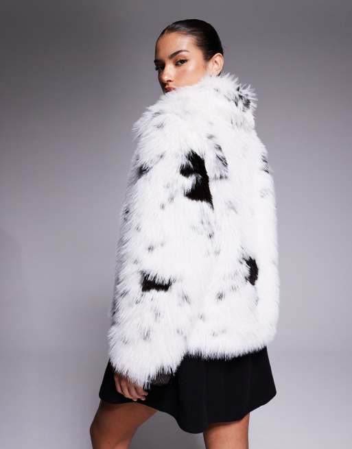 ASOS DESIGN top collar faux fur coat in cream and black cow print, 2 of 4
