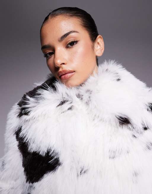 ASOS DESIGN top collar faux fur coat in cream and black cow print, 3 of 4