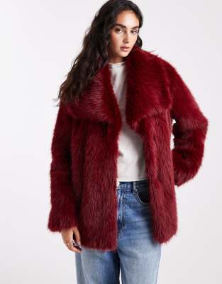 Asos Design Top Collar Faux Fur Coat In Red