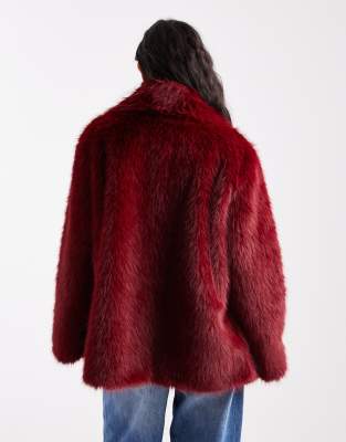 Asos Design Top Collar Faux Fur Coat In Red