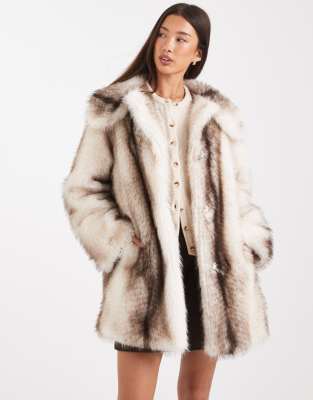 Asos Design Top Collar Faux Fur Midi Coat In Multi