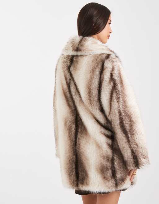 ASOS DESIGN top collar faux fur midi coat in cream stripe