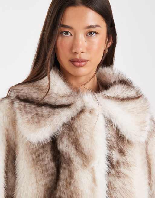 ASOS DESIGN top collar faux fur midi coat in cream stripe