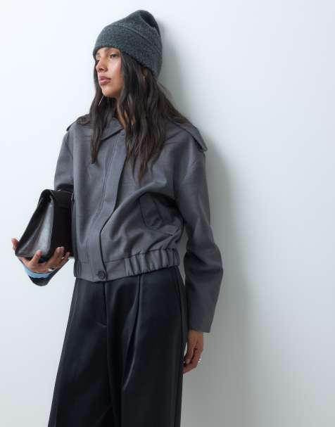 ASOS DESIGN top collar faux suede bomber jacket in gray - view 1
