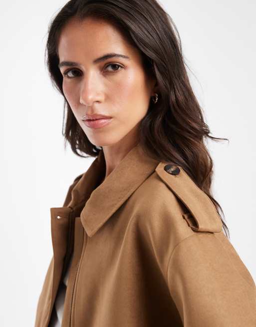 ASOS DESIGN top collar faux suede bomber jacket in tan, 2 of 4