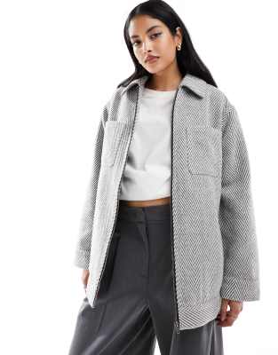 Asos Design Top Collar Jacket In Light Gray Herringbone-black