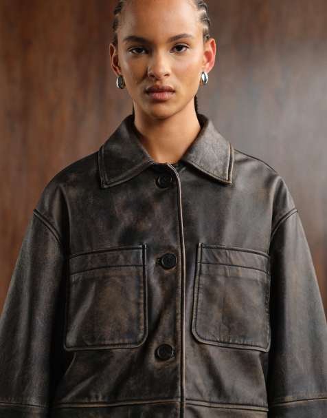 ASOS DESIGN top collar leather distressed barn jacket in washed black - view 1