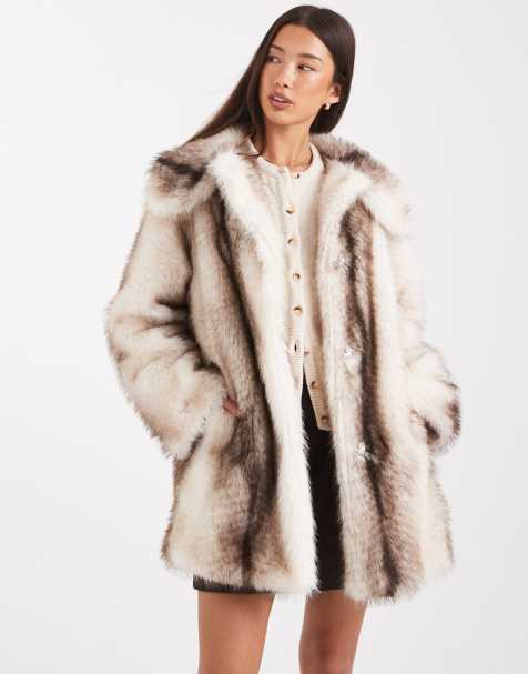 ASOS DESIGN top collar midi faux fur coat in cream stripe - view 1