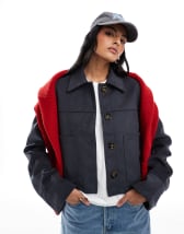 Topshop ribbed wide collar short bomber jacket in navy