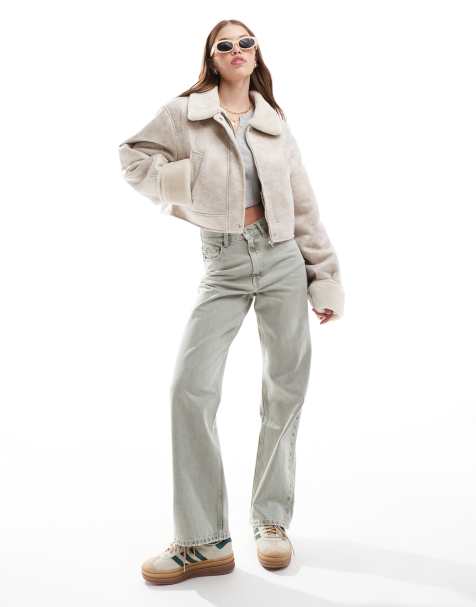 ASOS DESIGN top collar shearling jacket in stone - view 1