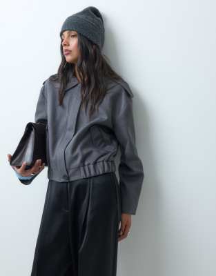 Asos Design Top Collar Suedette Bomber Jacket In Gray