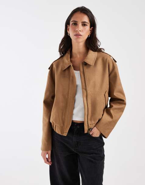 ASOS DESIGN top collar suedette bomber jacket in tan - view 1