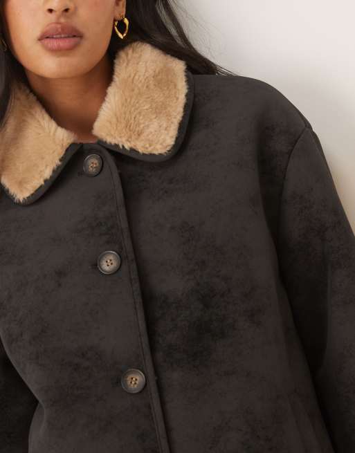 ASOS DESIGN top collar teddy car coat in black