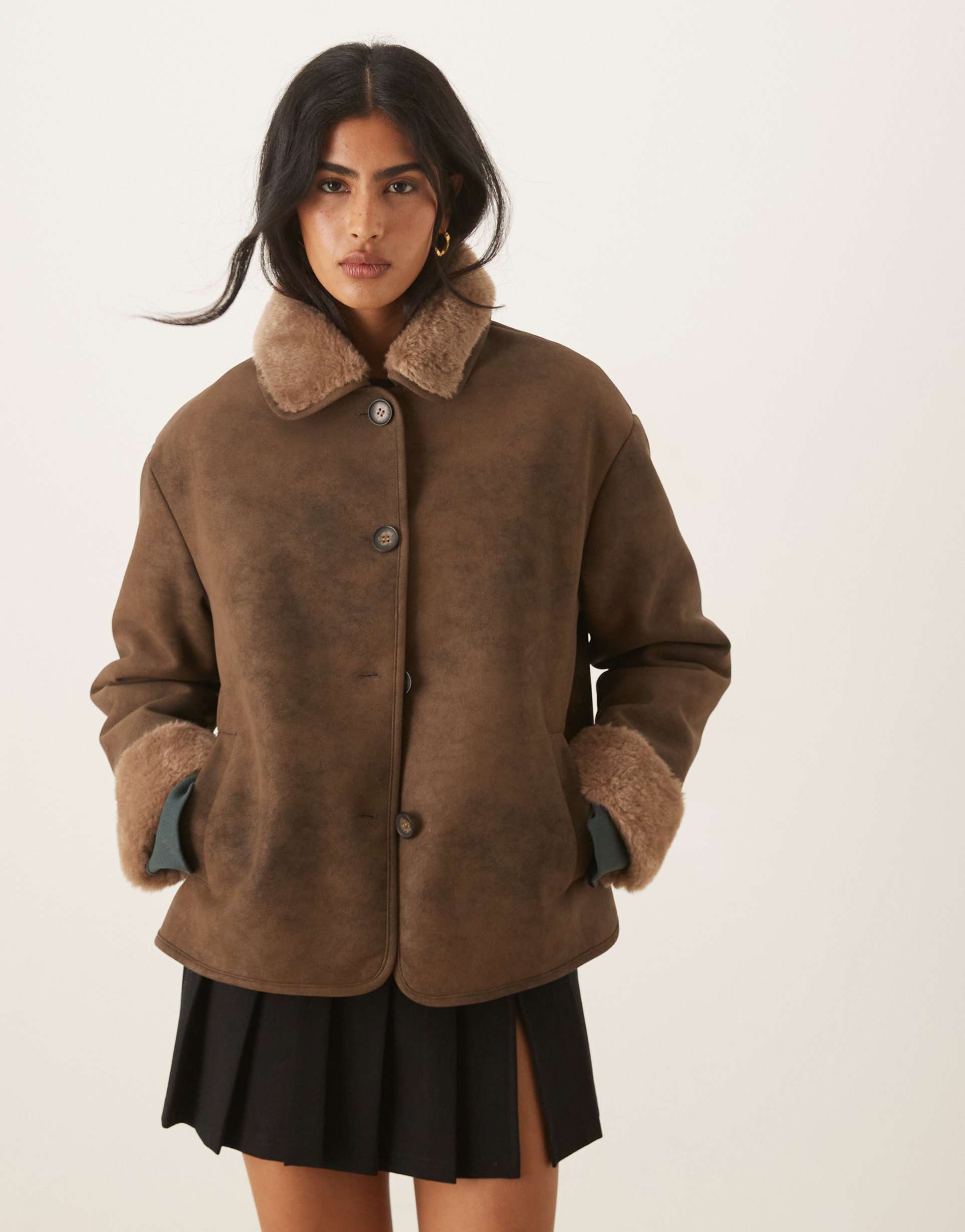 asos design top collar teddy car coat in mocha