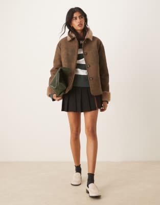 Asos Design Top Collar Teddy Car Coat In Brown