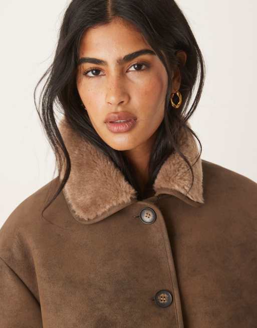 ASOS DESIGN top collar teddy car coat in mocha