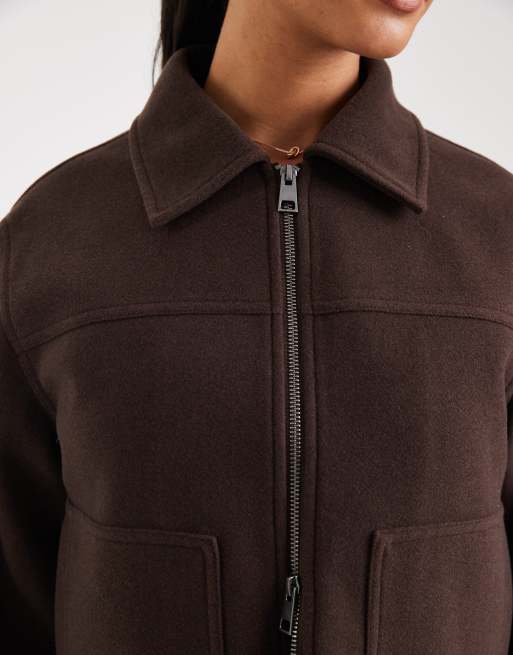 ASOS DESIGN top collar zip up jacket in chocolate