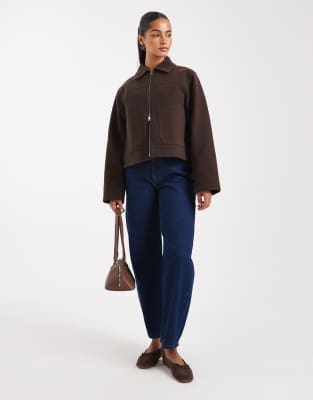 Asos Design Top Collar Zip Up Jacket In Brown