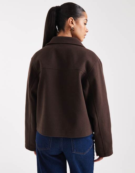 ASOS DESIGN top collar zip up jacket in chocolate