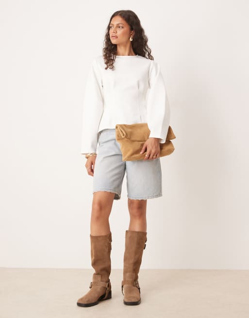 ASOS DESIGN - Top color avorio in tessuto interlock con maniche cocoon curve e stretto in vita, 2 di 4