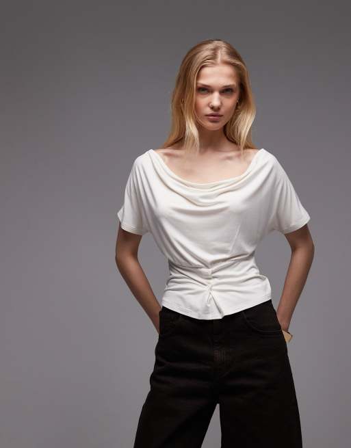 ASOS DESIGN - Top color avorio stretto in vita con spalle scoperte e bottoni