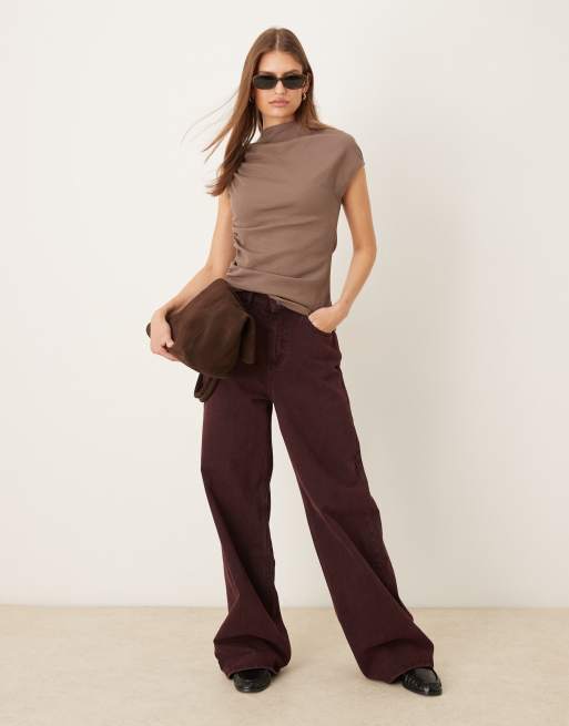 ASOS DESIGN - Top color cioccolato a coste con collo alto e arricciatura laterale, 2 di 4