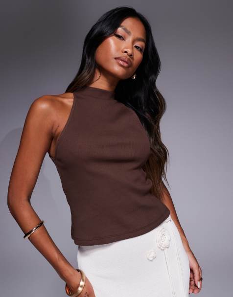 ASOS DESIGN - Top color cioccolato a coste con scollo a vogatore - view 1