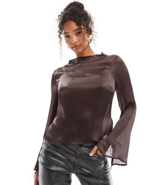ASOS DESIGN - Top color cioccolato con collo alto e maniche a pipistrello - view 1