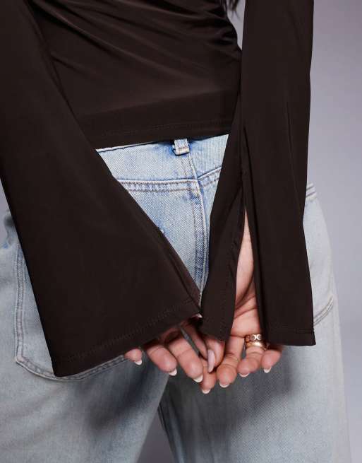 ASOS DESIGN - Top color cioccolato stile bardot arricciato sul davanti, 2 di 4