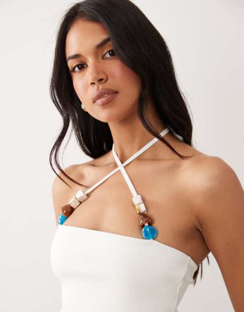 ASOS DESIGN - Top color crema con cuello halter de tirantes con cuentas de punto compacto de algodón - view 1