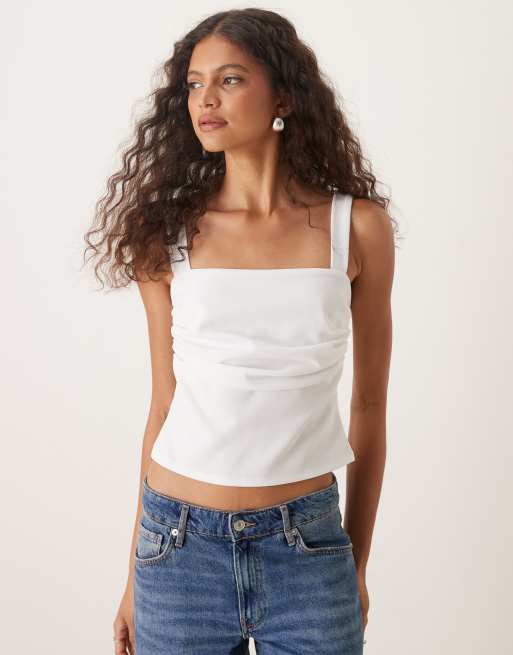 ASOS DESIGN - Top color crema con scollo squadrato e dettaglio a pieghe