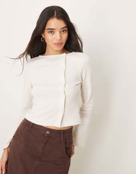 ASOS DESIGN - Top color crema lavorato a nido d'ape con maniche svasate e bottoni - view 1