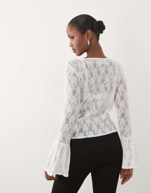 ASOS DESIGN - Top color crudo transparente con puños acampanados de encaje, 2 de 4