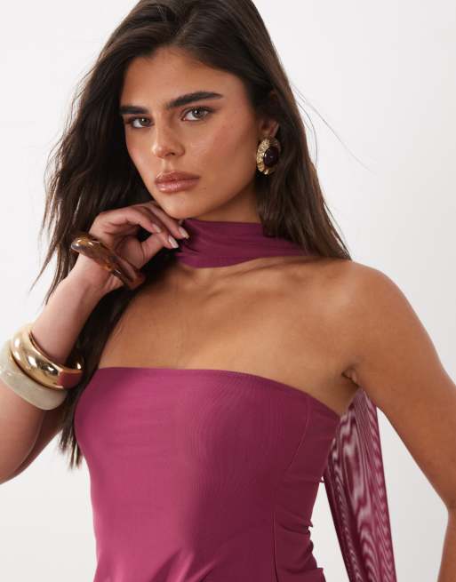 ASOS DESIGN - Top color frambuesa abullonado con fular y detalle anudado de malla, 3 de 4