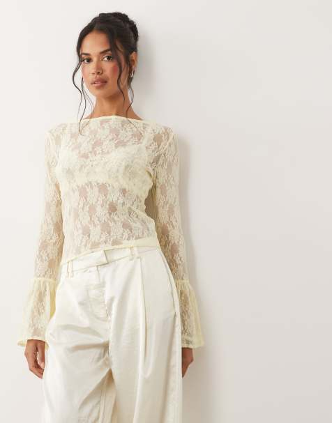 ASOS DESIGN - Top color latticello in pizzo trasparente con maniche scampanate - view 1