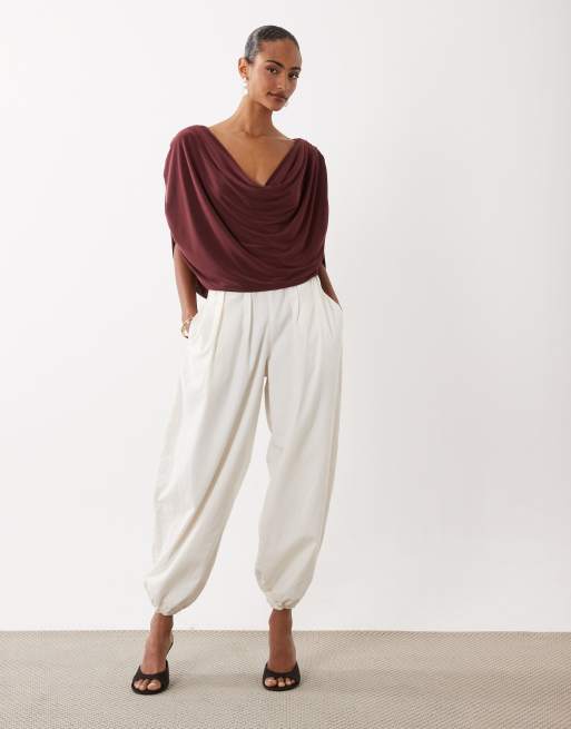 ASOS DESIGN - Top color malva drapeado con cuello y espalda desbocados y lazada, 3 de 4